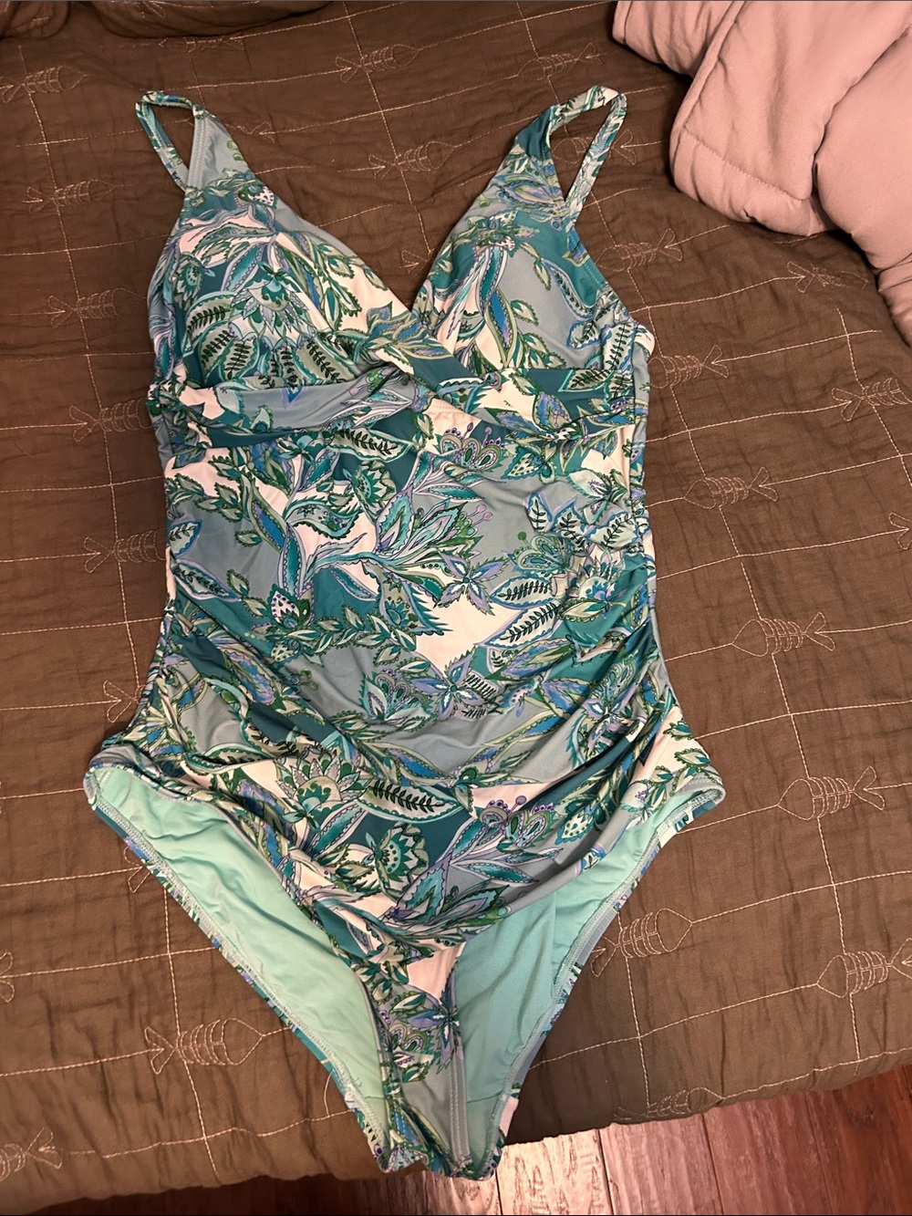 Floral Leaf Print One-Piece Swimsuit in Aqua